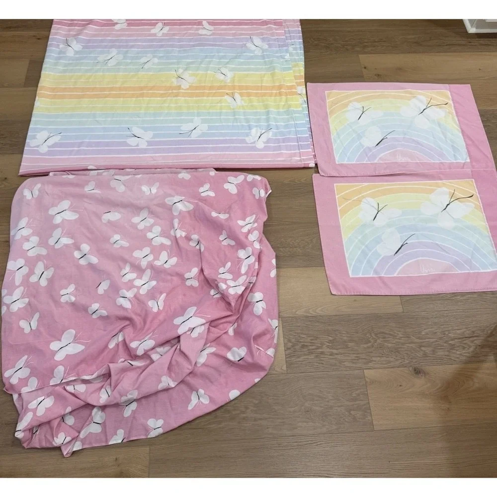 Vintage Vera Rainbow Butterfly Full Sheet Set With Pillow Cases Upcycle Boho